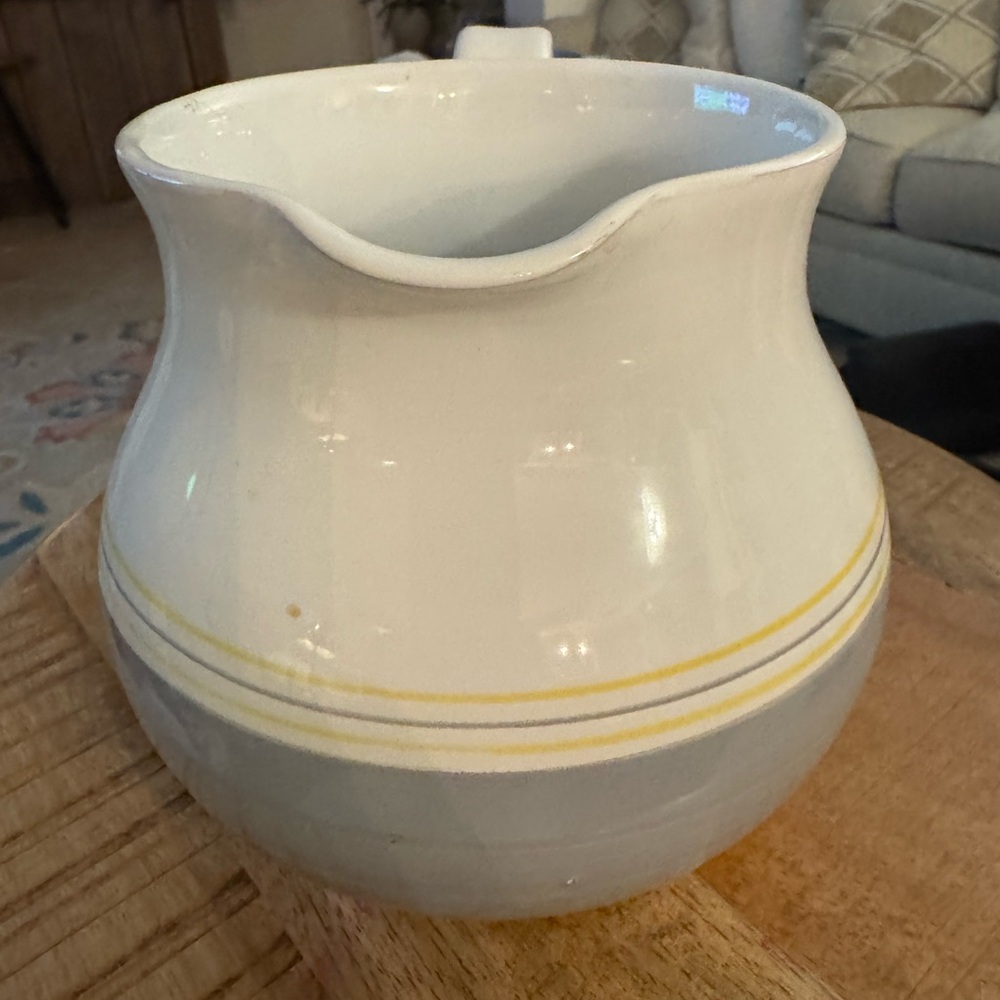 Vintage White and Gray Ceramic Pitcher with Yellow Stripe